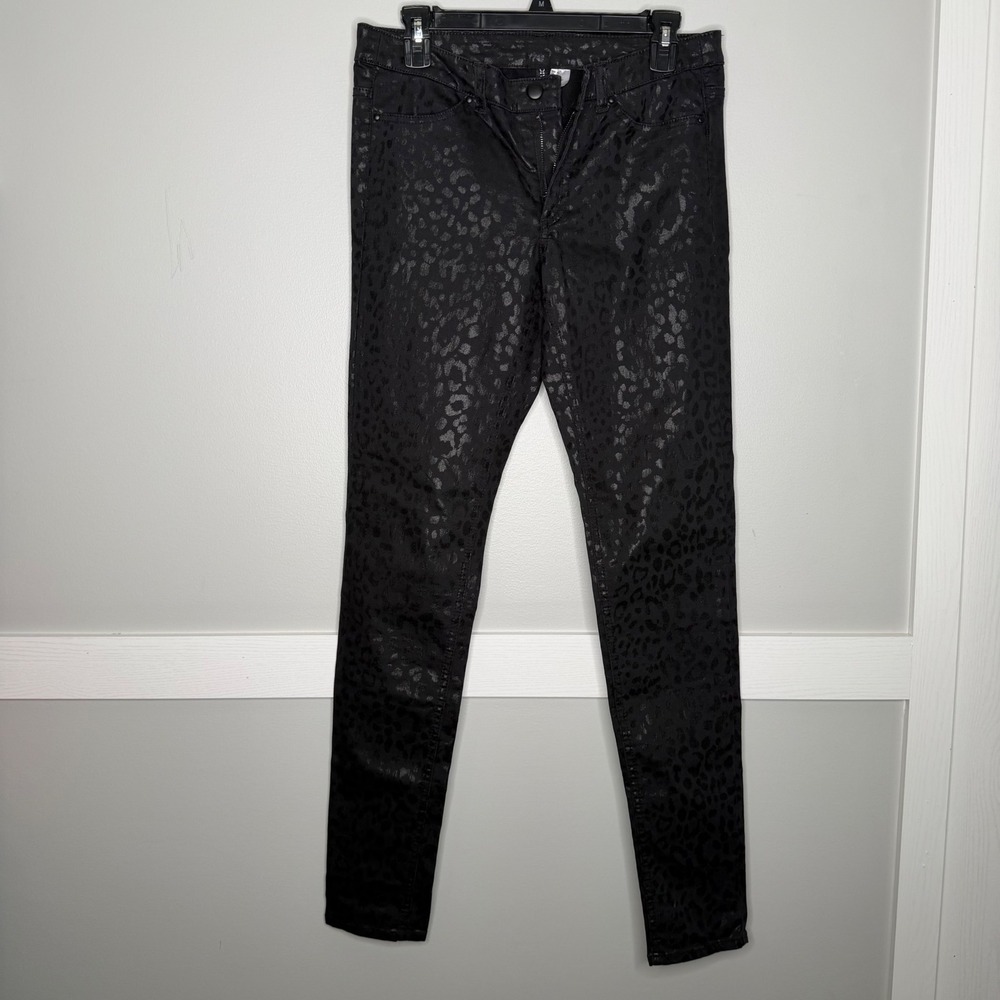 Divided H&M Skinny Jeans Women Size 10 Black Leopard Print Metallic Coated Denim